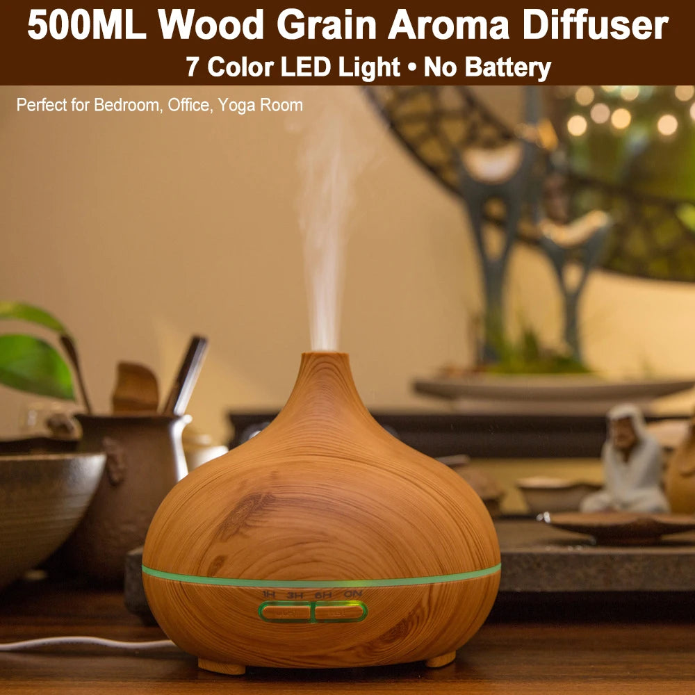 500ML Wood Grain Aromatherapy Humidifier with LED Lights