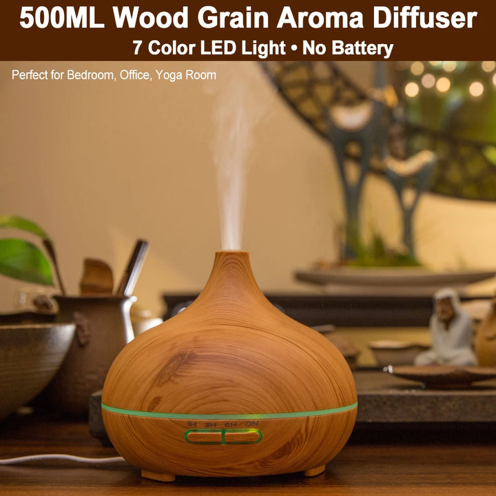 500ML Wood Grain Aromatherapy Humidifier with LED Lights