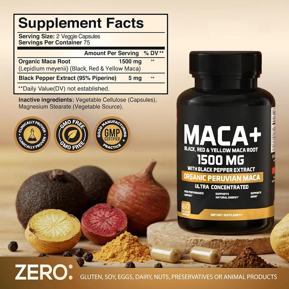 Organic Maca Root Powder Capsules with Peruvian Blend