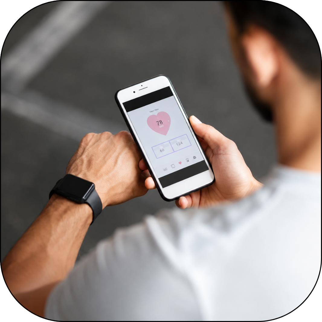 Person holding a smartphone with a heart rate monitoring app displayed, wearing a smartwatch.