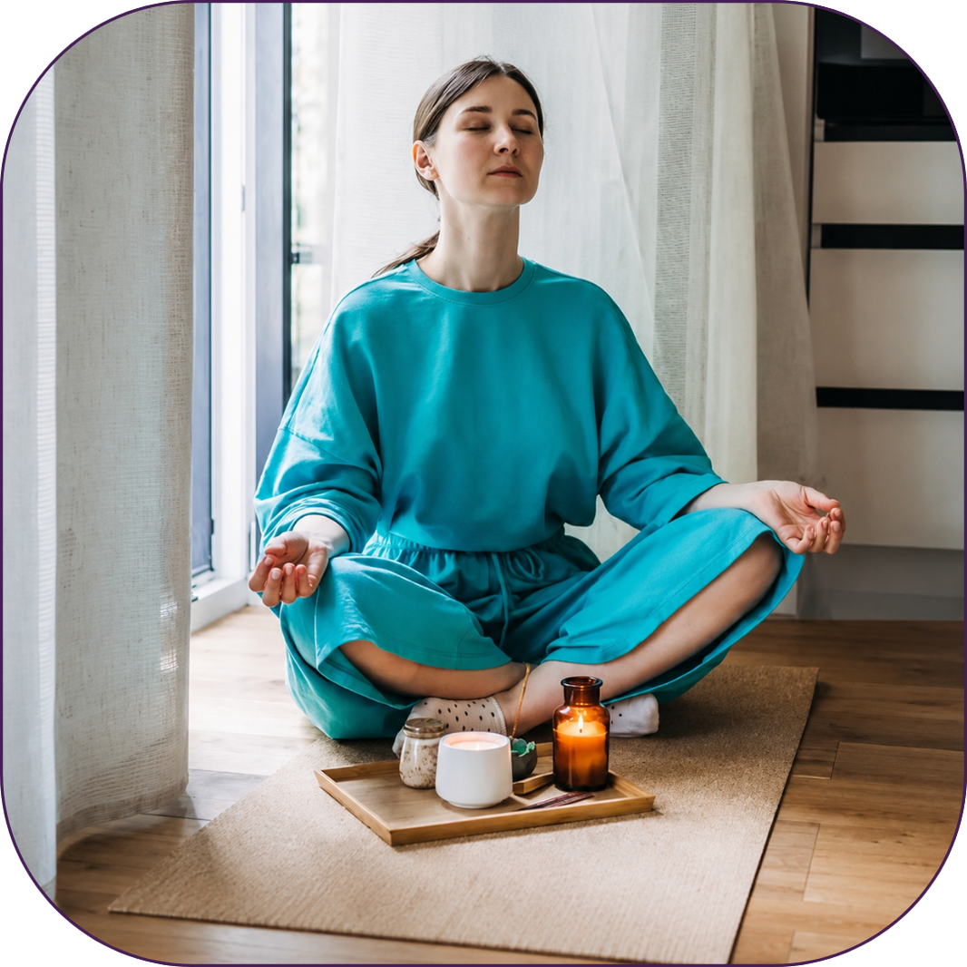 Woman in a blue outfit meditating in a room with a tray of items on the floor.
